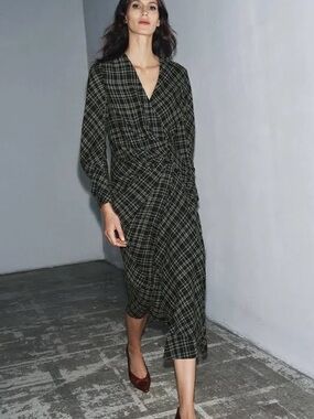 Zara Draped Plaid Long Sleeve Midi Dress NWT SMALL
